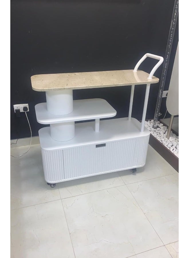Horoof Market Horoof Home® Luxury Marble & Wood Bar Cart – Modern White & Beige Serving Trolley with Storage Cabinet, Multi-Level Shelves & Locking Wheels – 120x45x90 cm, QT038  - Image 1