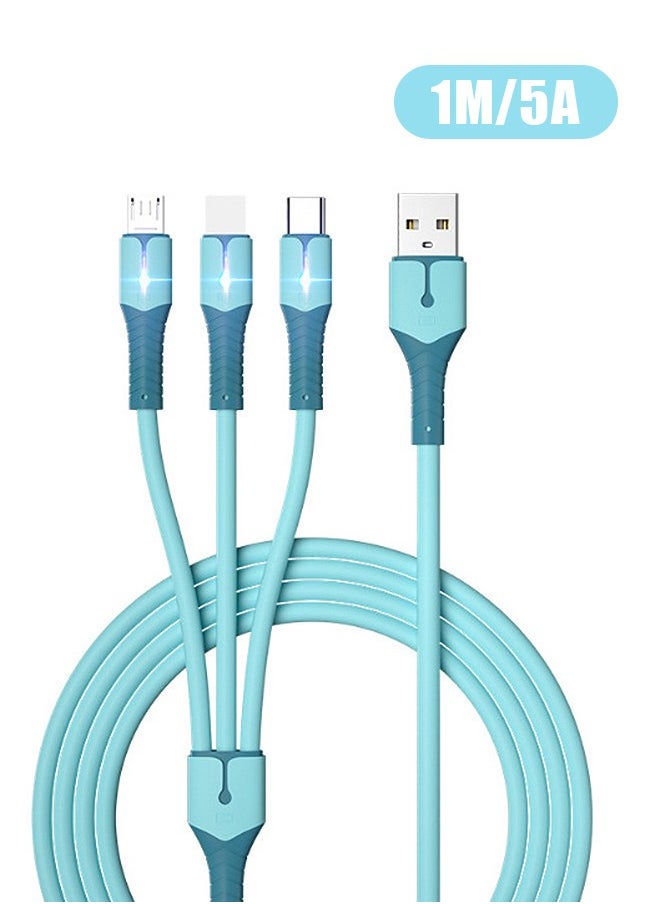 Generic - 3 in 1 USB Super Fast Charging Cable 1M/5A, Soft Silicone Type-C Lightning Port Universal Charger Cable with indicator light, Compatible with Laptop/Tablet/Phone (Blue) - Image 1