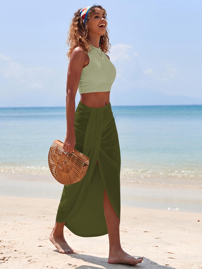 ZAFUL Women's Summer Two Piece Outfits Crop Tops and Slit Draped Ruched Maxi Skirt Set Tank Dress Sets Beach Cover Ups (B-Mix Green, M) - Image 3