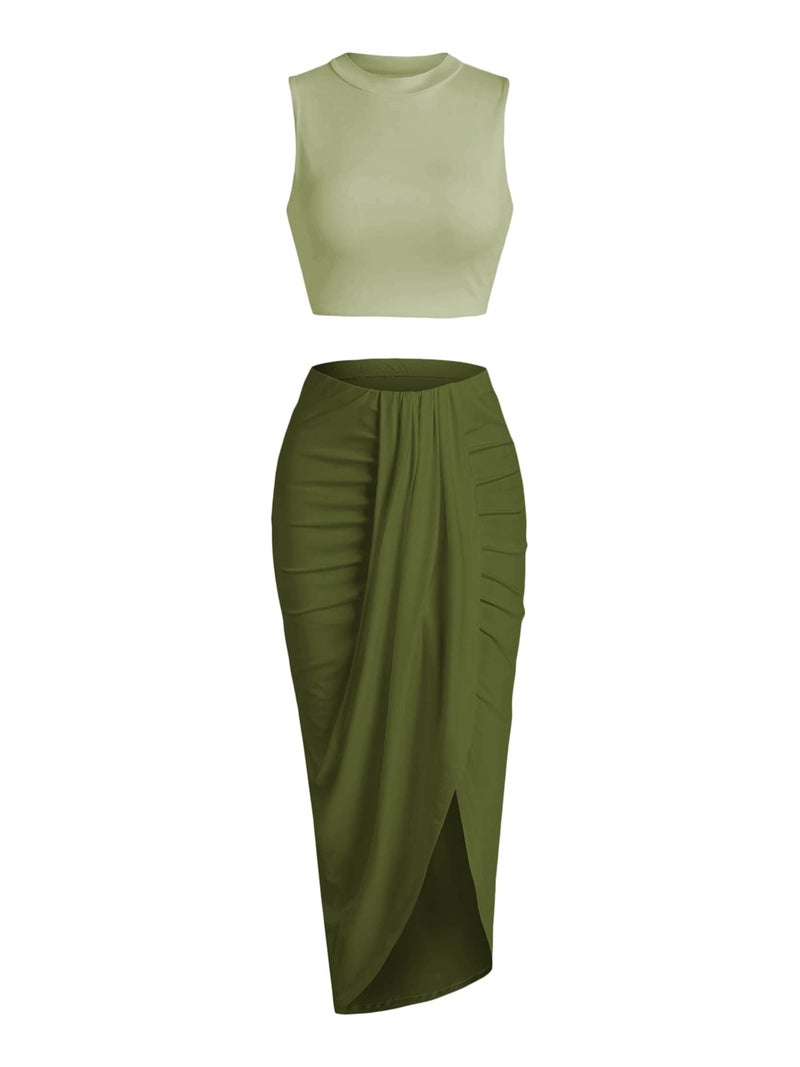 ZAFUL Women's Summer Two Piece Outfits Crop Tops and Slit Draped Ruched Maxi Skirt Set Tank Dress Sets Beach Cover Ups (B-Mix Green, M) - Image 1