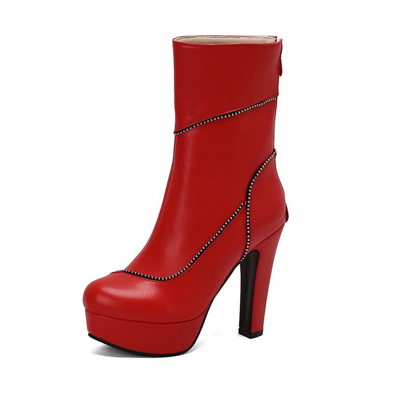 Wish Source Thick Bottom Super High Heel Winter 40-50 Plus Size Round Head Zipper Low Tube Women'S Shoes Tide - Image 1