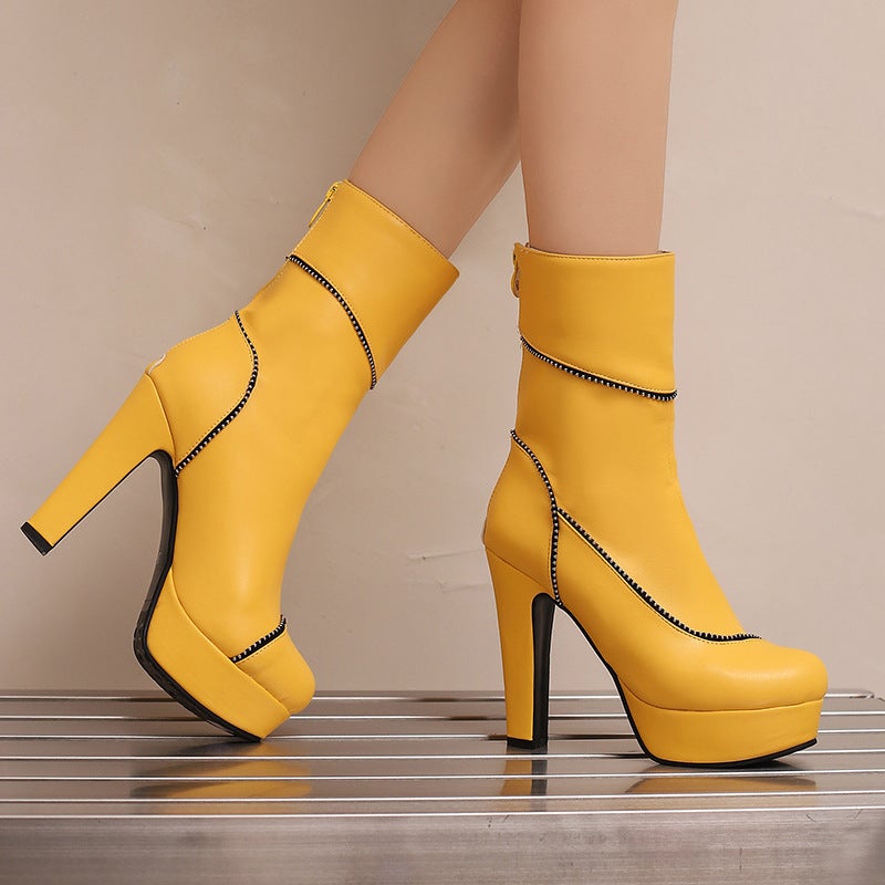 Wish Source Thick Bottom Super High Heel Winter 40-50 Plus Size Round Head Zipper Low Tube Women'S Shoes Tide - Image 3