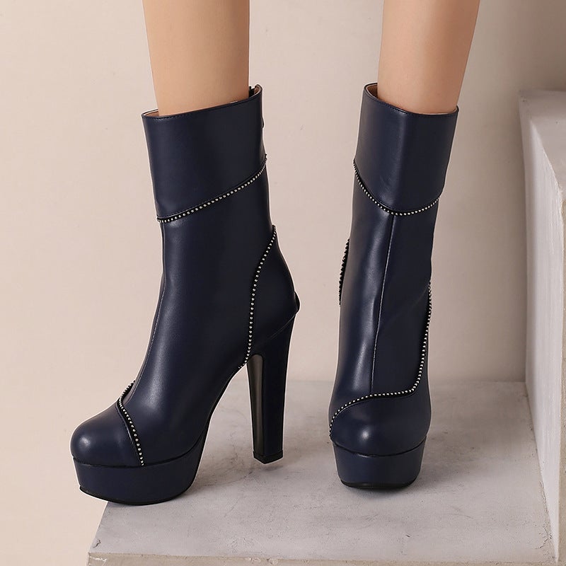 Wish Source Thick Bottom Super High Heel Winter 40-50 Plus Size Round Head Zipper Low Tube Women'S Shoes Tide - Image 5