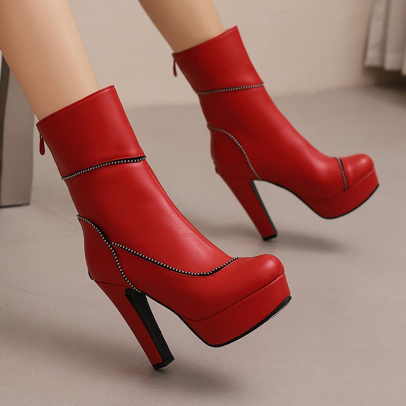 Wish Source Thick Bottom Super High Heel Winter 40-50 Plus Size Round Head Zipper Low Tube Women'S Shoes Tide - Image 2