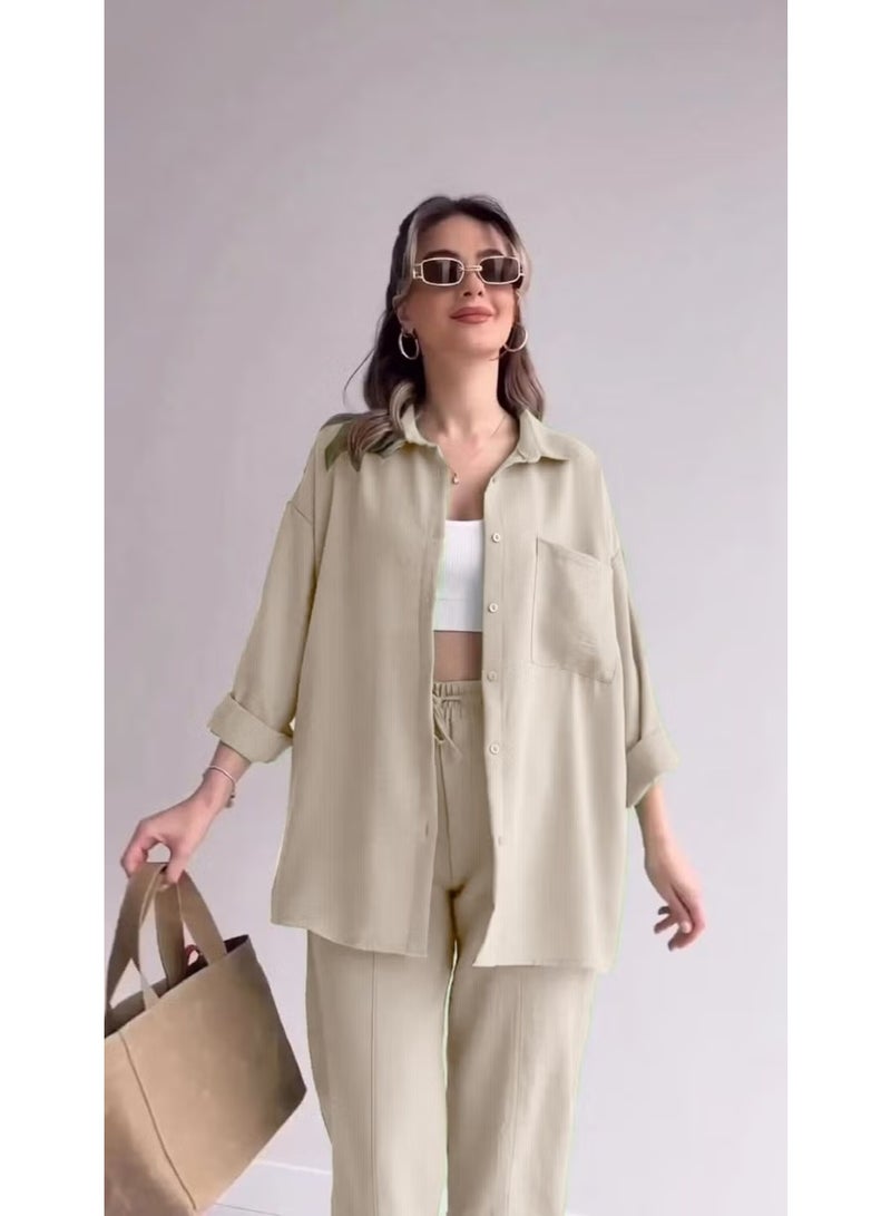 Barbora Linen Casual Two Piece Suit Pants Shirt LN21EKRU14 - Image 1