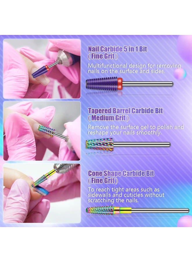 Depvko [2022 Upgraded] 3Pcs Nail Drill Bits Set, 5 in 1 Drill Bits for Nails 3/32 Inches, Tapered Barrel and Cone Shape Carbide Nail Drill Bits for Acrylic or Gel Remover (Rainbow) - Image 4