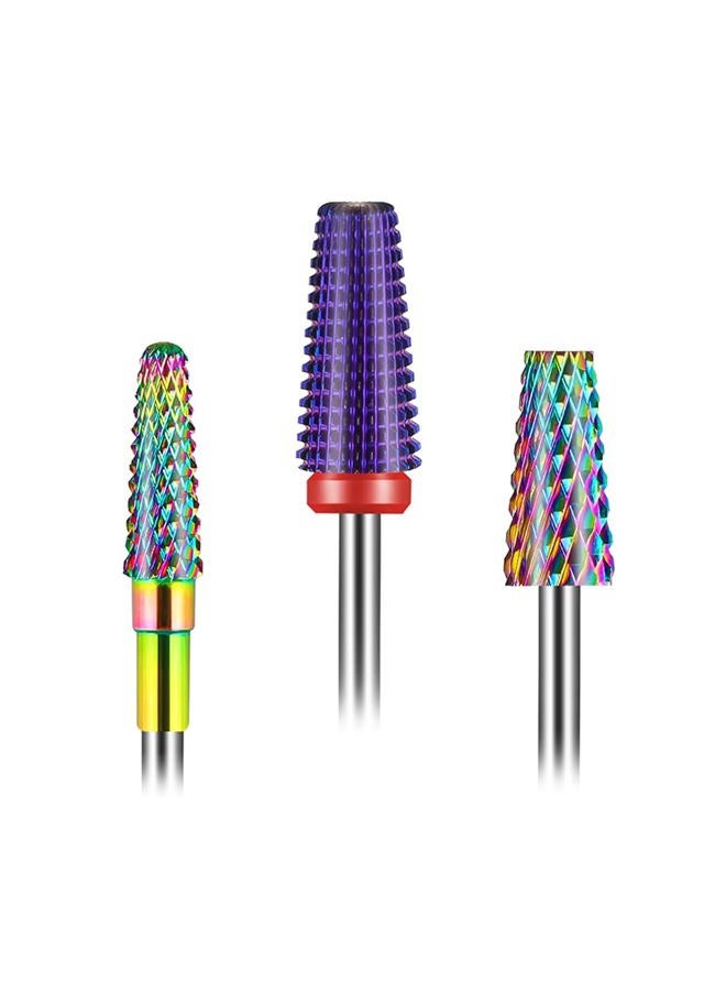 Depvko [2022 Upgraded] 3Pcs Nail Drill Bits Set, 5 in 1 Drill Bits for Nails 3/32 Inches, Tapered Barrel and Cone Shape Carbide Nail Drill Bits for Acrylic or Gel Remover (Rainbow) - Image 1