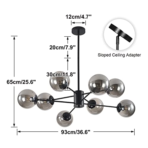 KCO Lighting 8 Lights Modern Sputnik Ceiling Light Fixture Black Globe Chandelier Smoke Gray Glass Chandelier Mid Century Hanging Light Fixture - Image 2