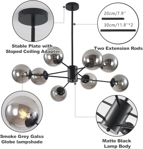 KCO Lighting 8 Lights Modern Sputnik Ceiling Light Fixture Black Globe Chandelier Smoke Gray Glass Chandelier Mid Century Hanging Light Fixture - Image 3