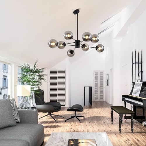 KCO Lighting 8 Lights Modern Sputnik Ceiling Light Fixture Black Globe Chandelier Smoke Gray Glass Chandelier Mid Century Hanging Light Fixture - Image 5