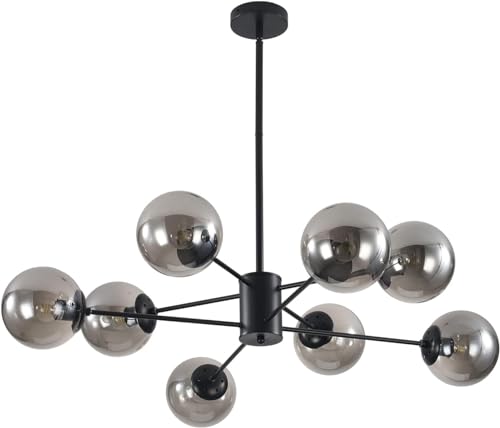 KCO Lighting 8 Lights Modern Sputnik Ceiling Light Fixture Black Globe Chandelier Smoke Gray Glass Chandelier Mid Century Hanging Light Fixture - Image 1