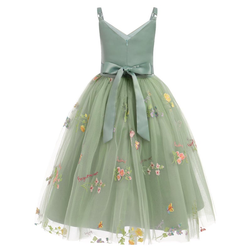 OBEEII Flower Girl Dress for Wedding Pleated V Neck Satin Back Floral Embroidery Tulle Princess Dress Junior Wedding Birthday Pageant Formal Ball Prom Gown Sage Green-Floral 9 Years - Image 3