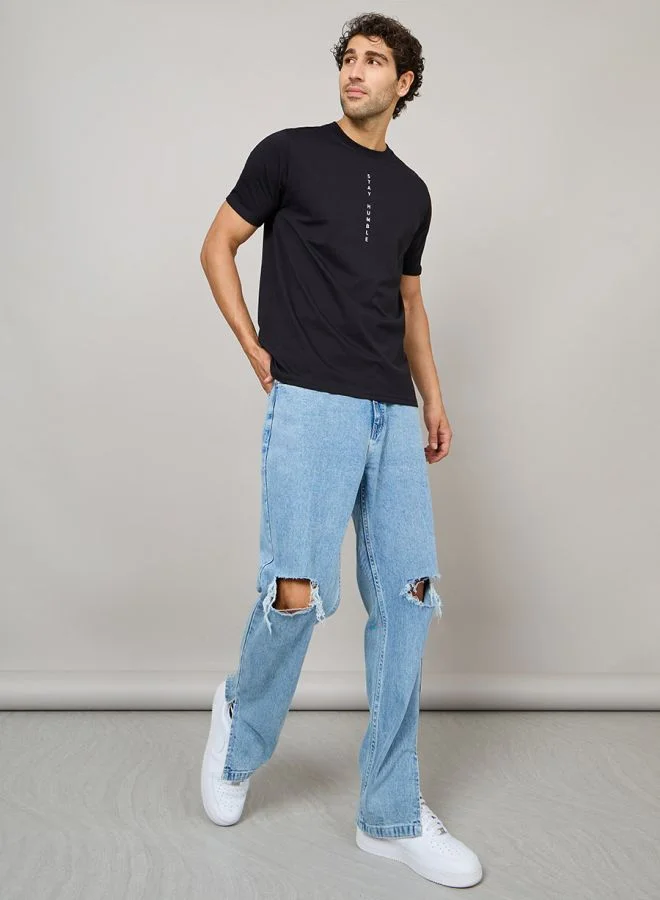 Styli Styli Slogan Print Regular Fit T-Shirt with Turn-Up Sleeve