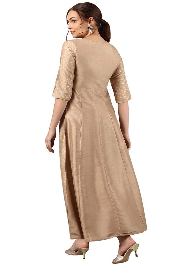 Janasya Women's Beige Poly Silk Foil Print Anarkali Kurta - Image 5