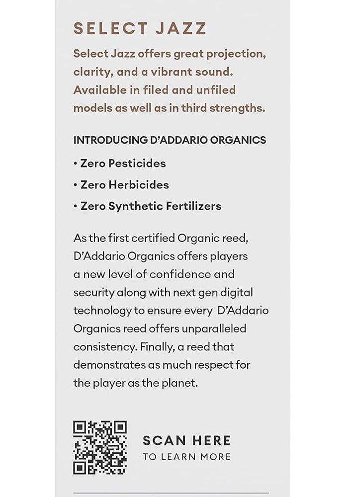 D'Addario Organic Select Jazz Unfiled Tenor Saxophone Reeds, Strength 2 Hard, 5-pack - Image 2