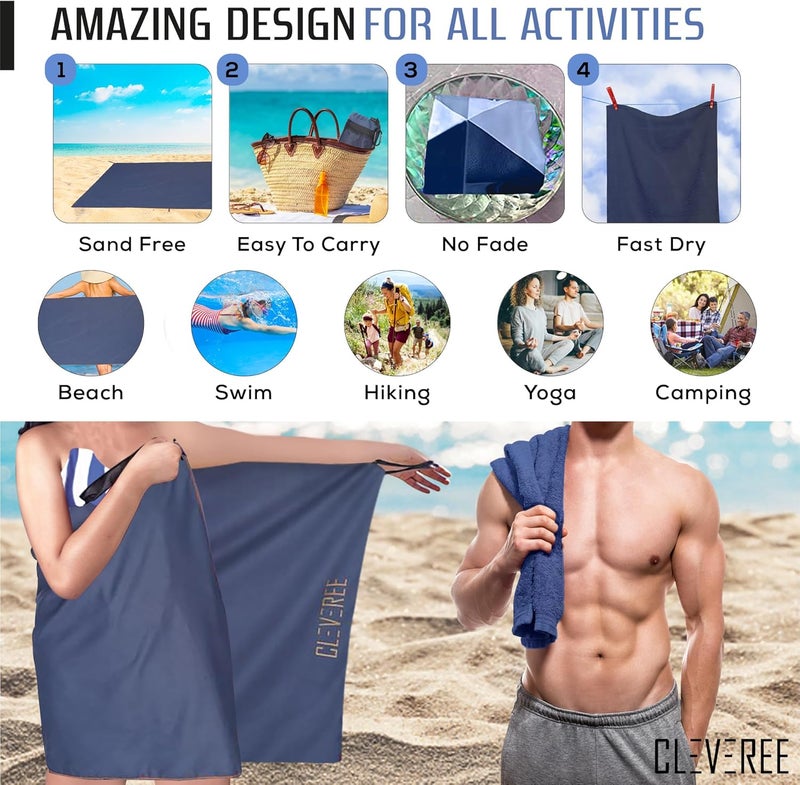 CLEVEREE Beach Towel for Men and Women 150x 90cm- Large Towel- Swimming Microfiber Towel- Highly Absorbent Fast drying Towel- With Carry bag (Navy Blue) - Image 5
