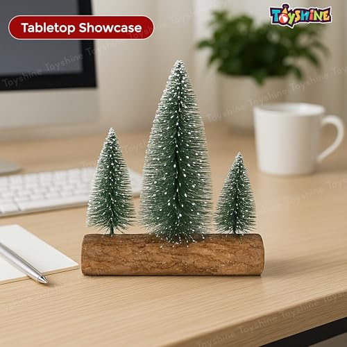 Toyshine 20cm Decorative Mini Christmas Tree Set Snow Covered Pine Trees on Wooden Stand for Desk Table Home and Office Décor - Image 3