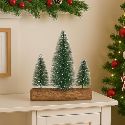 Toyshine 20cm Decorative Mini Christmas Tree Set Snow Covered Pine Trees on Wooden Stand for Desk Table Home and Office Décor - Image 1