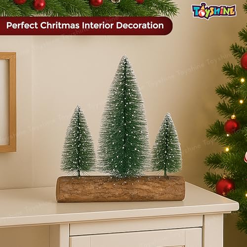 Toyshine 20cm Decorative Mini Christmas Tree Set Snow Covered Pine Trees on Wooden Stand for Desk Table Home and Office Décor - Image 2