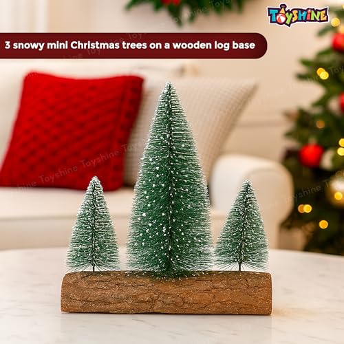 Toyshine 20cm Decorative Mini Christmas Tree Set Snow Covered Pine Trees on Wooden Stand for Desk Table Home and Office Décor - Image 4