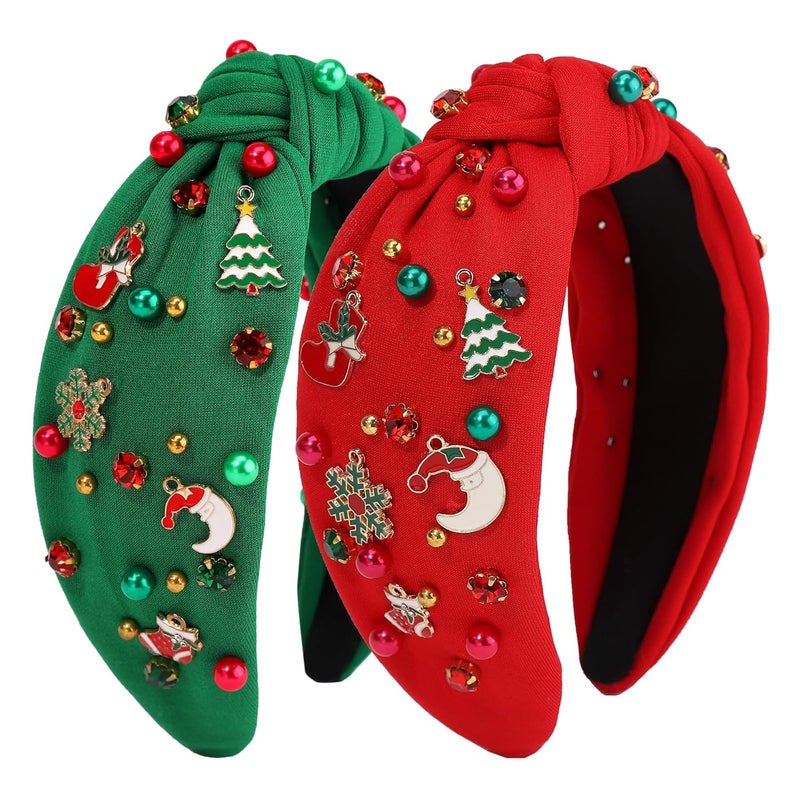 Fishdown Christmas Headband for Women GirlsTop Knotted Headband for WomenRhinestone Crystal Jeweled Christmas Hair Accessories Outfits Gifts Red And Green