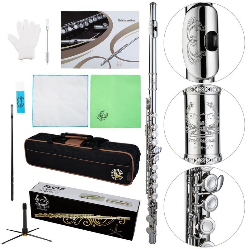 Rhythm C Flutes with Engraved Flower Closed Hole 16 Keys Flute For Student, Beginner with Stand, Carrying Case,Gloves,Joint Grease, Tuning Rod, Nickel - Image 1