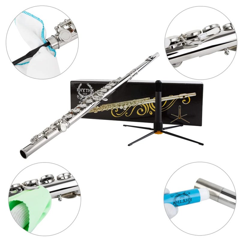 Rhythm C Flutes with Engraved Flower Closed Hole 16 Keys Flute For Student, Beginner with Stand, Carrying Case,Gloves,Joint Grease, Tuning Rod, Nickel - Image 3