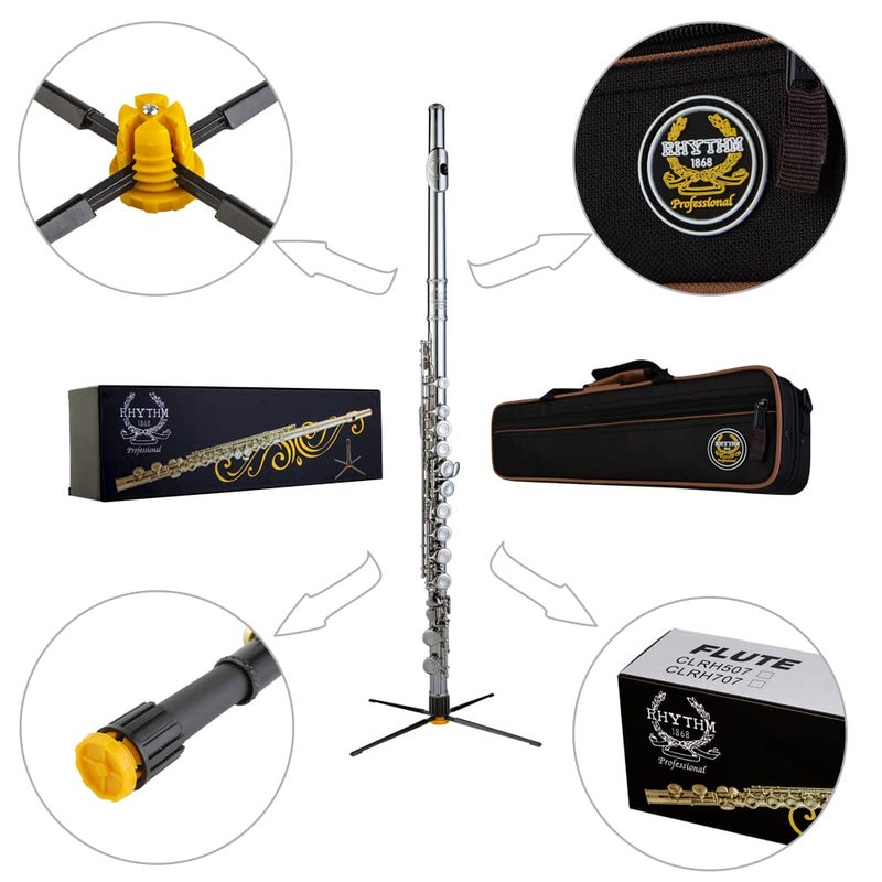 Rhythm C Flutes with Engraved Flower Closed Hole 16 Keys Flute For Student, Beginner with Stand, Carrying Case,Gloves,Joint Grease, Tuning Rod, Nickel - Image 2