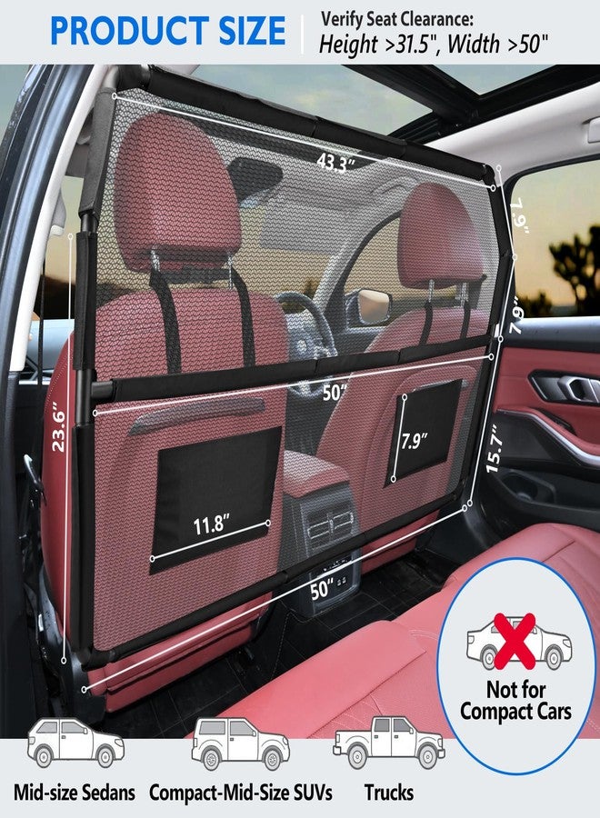 ROUWINNE Dog Barrier for SUV, 50" Dog Car Barrier Behind Front Seat, Escape-Proof Back Seat Divider & Cargo Area Gate, Durable Dog Net for Car, Safety Mesh Pet Restraint - Image 2
