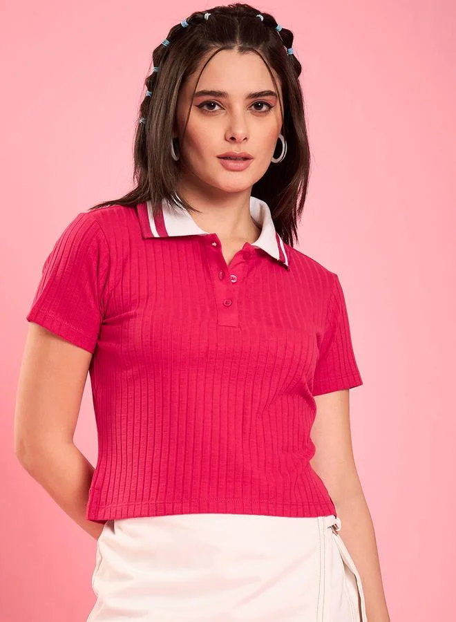 Winered Women Pink Collared Ribbed Top