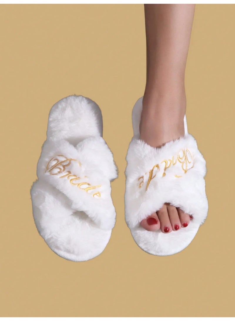 زينه عروس شبشب نسائي مصنوع من الفرو الناعم للعروس مطرز بكلمة عروس باللون الذهبي مناسب لتجهيزات يوم العرس ، حفلات توديع العزوبيه وجلسات تصوير العروس المقاس (40-41) - Image 1