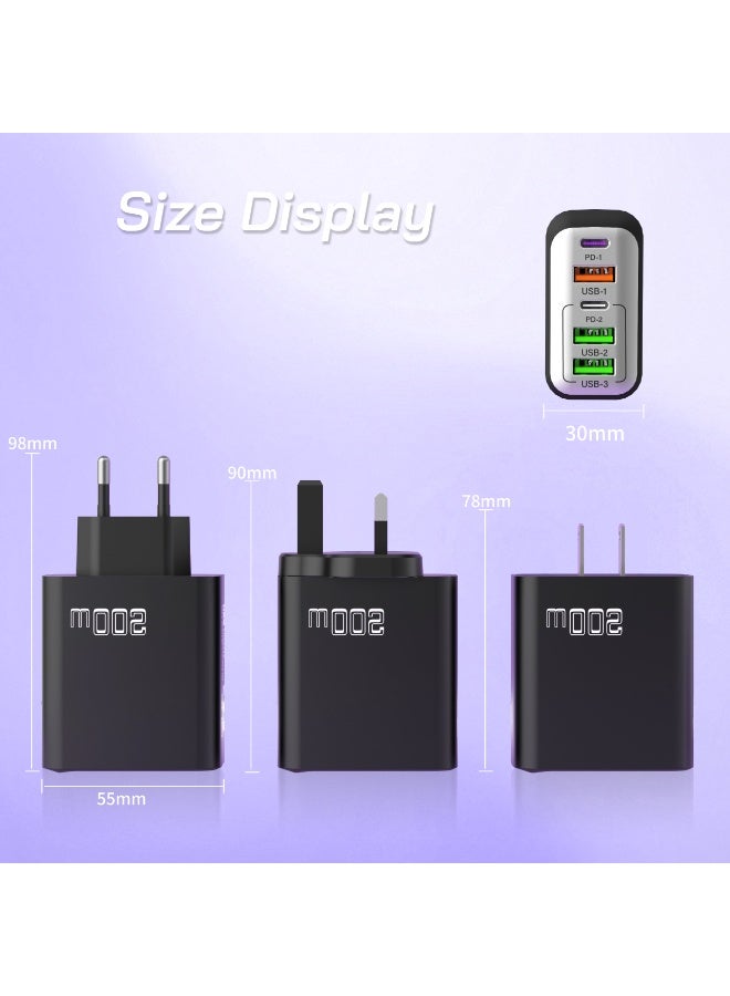 200W UK 5 Ports Multifunctional Super Fast Charger Adapter Mobile Phone Wall Charger Travel Power Adapter Black - Image 3