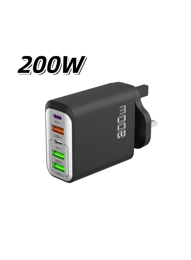 200W UK 5 Ports Multifunctional Super Fast Charger Adapter Mobile Phone Wall Charger Travel Power Adapter Black - Image 1