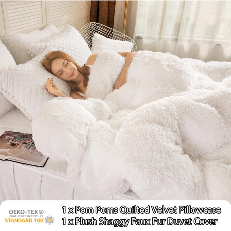 LIFEREVO طقم غطاء لحاف ليفيريفو الفاخر من الفرو الناعم، طقم غطاء لحاف ف fluffy (1 غطاء لحاف من الفرو الصناعي + 1 غطاء وسادة من المخمل مع بوم بوم) طقم سرير سادة، إغلاق بسحاب (توين/توين XL، أبيض) - Image 3