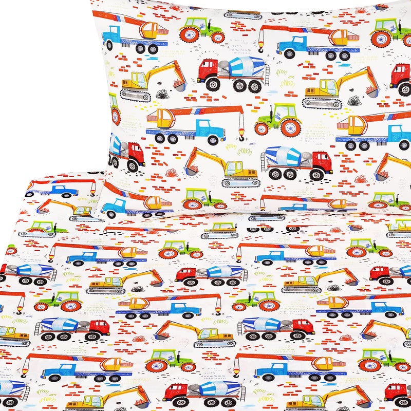 J-pinno Building Machine Excavator Concrete Mixer Tracor Crane Cars Twin Sheet Set for Kids Girls Boys Children 100% Cotton  Flat Sheet + Fitted Sheet + Pillowcase Bedding Decoration Gift Set - Image 1
