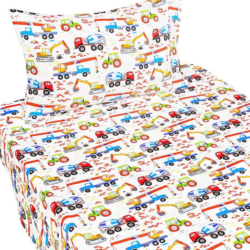 J-pinno Building Machine Excavator Concrete Mixer Tracor Crane Cars Twin Sheet Set for Kids Girls Boys Children 100% Cotton  Flat Sheet + Fitted Sheet + Pillowcase Bedding Decoration Gift Set - Image 2