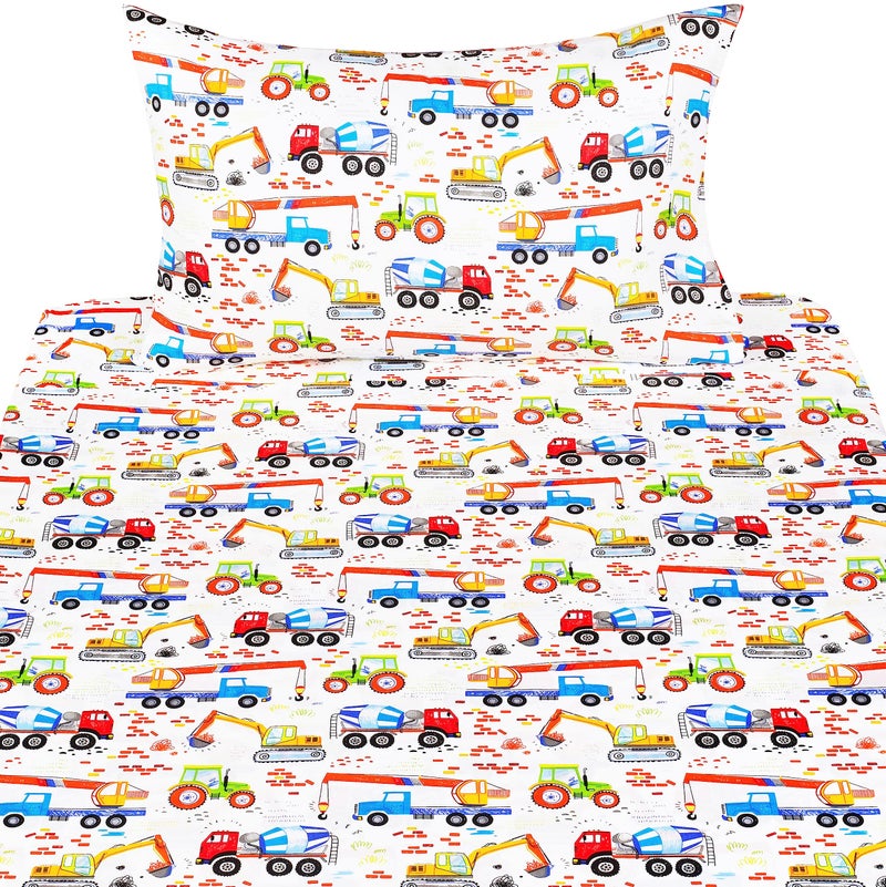 J-pinno Building Machine Excavator Concrete Mixer Tracor Crane Cars Twin Sheet Set for Kids Girls Boys Children 100% Cotton  Flat Sheet + Fitted Sheet + Pillowcase Bedding Decoration Gift Set - Image 3