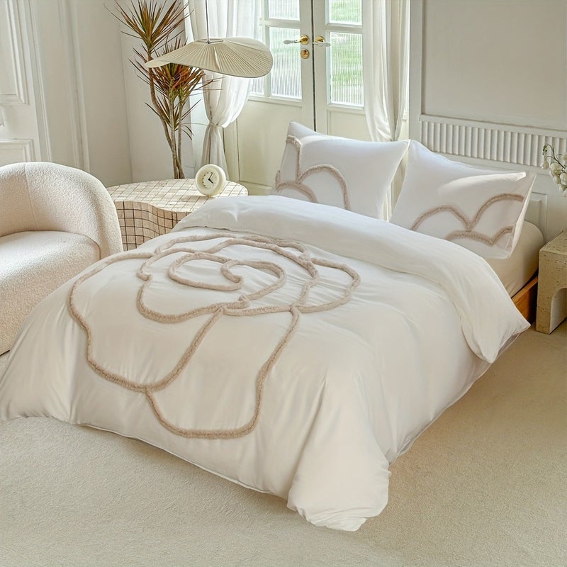 Tufted bed cover set 2/3 sets (1 bed cover + 1/2 pillowcase), large flower design, simple and comfortable, four season bedroom bedding set, with zipper and corner strap, suitable for women and men - Image 3