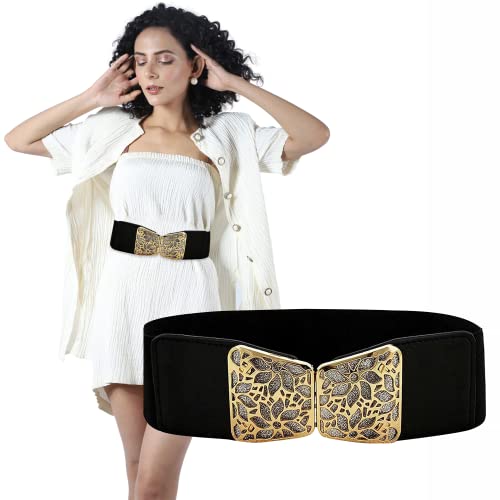 REDHORNS Elastic Fabric Waist Belt for Women Dresses Floral Design Stretchy Ladies Belt for Saree Girls Jeans - (LD54A_Black) - Image 4