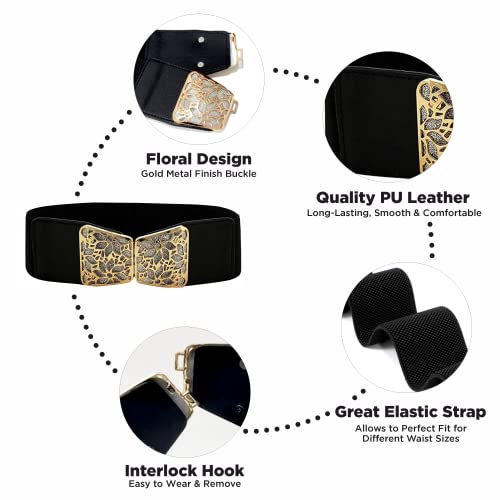 REDHORNS Elastic Fabric Waist Belt for Women Dresses Floral Design Stretchy Ladies Belt for Saree Girls Jeans - (LD54A_Black) - Image 2