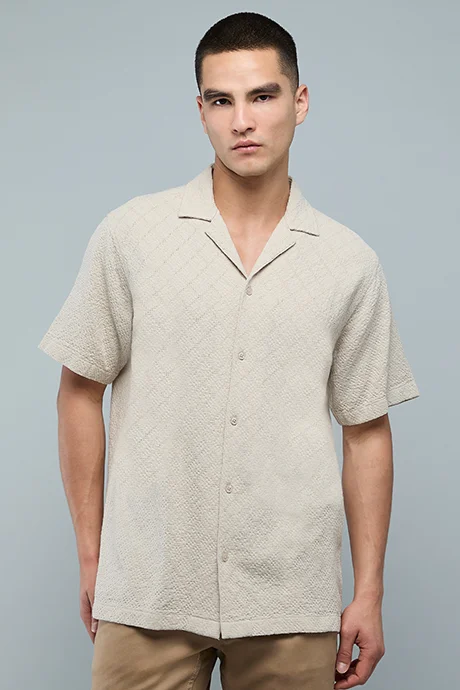 أر أند بي Textured Shirt with Revere Collar and Short Sleeves