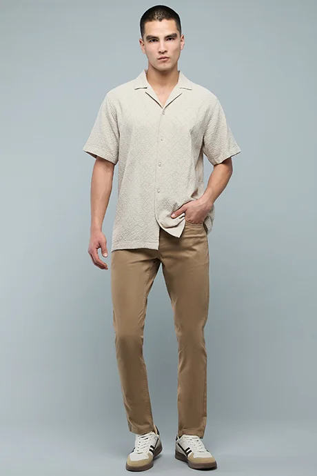 أر أند بي Textured Shirt with Revere Collar and Short Sleeves