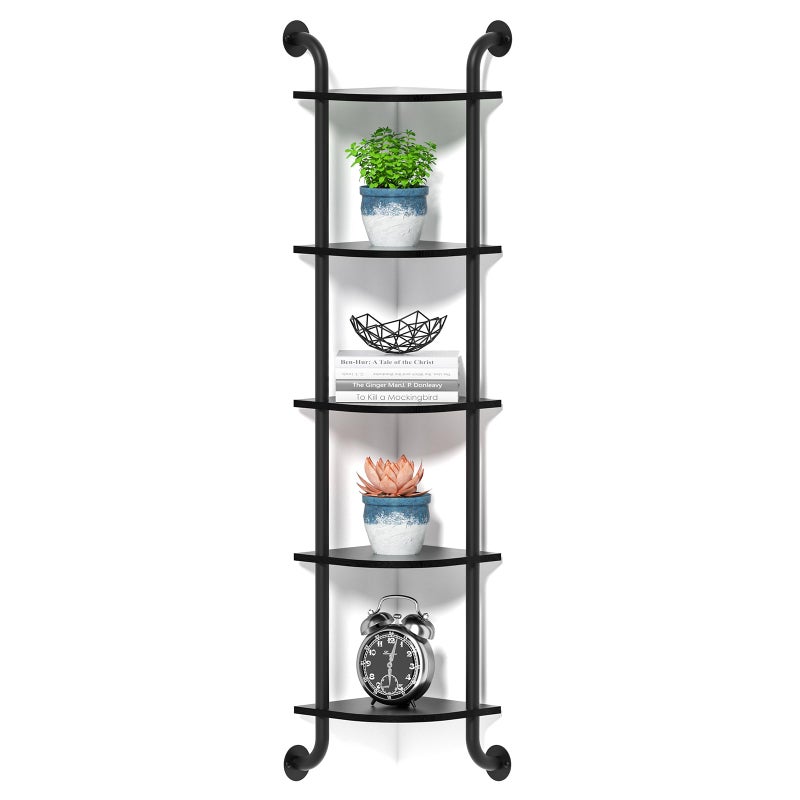 Tinpin Corner Shelf 5-Tier, Wall Shelves for Bedroom, Hanging Corner Shelves Wall Mount, Rustic Industrial Pipe Shelves for Bathroom Thanksgiving Day, Living Room Decor (Black) - Image 1