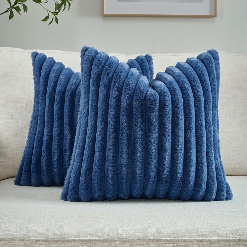 FUTEI Pack of 2 Fluffy Faux Fur Throw Pillow Covers 22x22 Inch Elegant Striped Textured Decorative Cushion Cases Modern Accent Pillow for Couch Bed Living Room, Navy Blue - Image 1