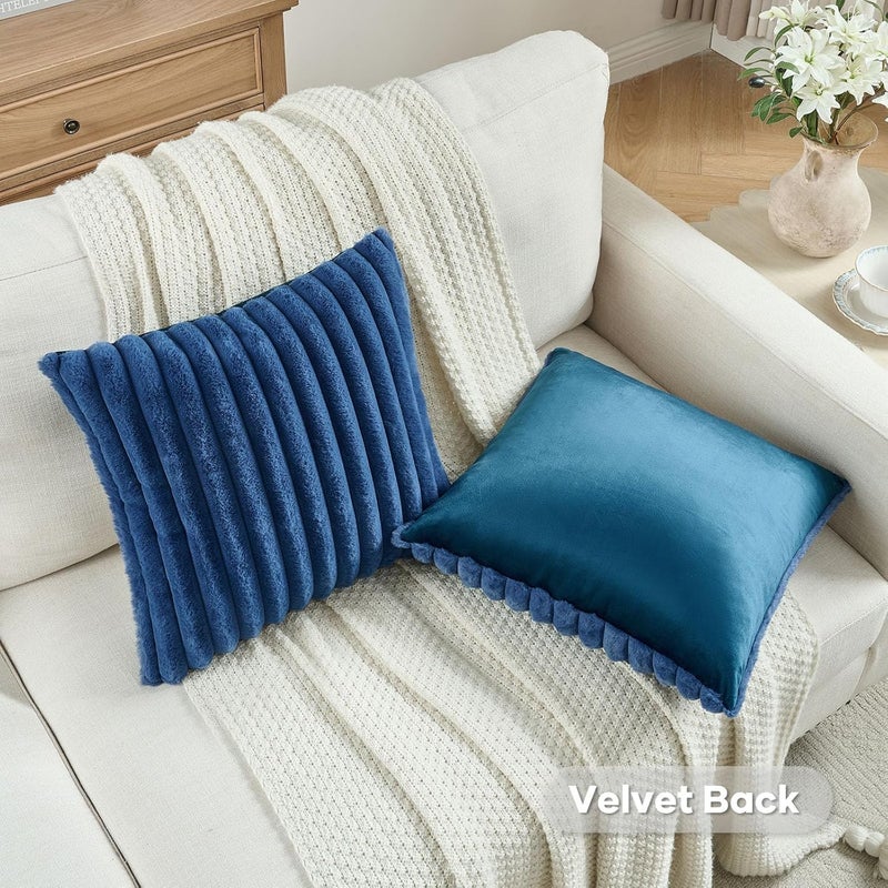 FUTEI Pack of 2 Fluffy Faux Fur Throw Pillow Covers 22x22 Inch Elegant Striped Textured Decorative Cushion Cases Modern Accent Pillow for Couch Bed Living Room, Navy Blue - Image 4