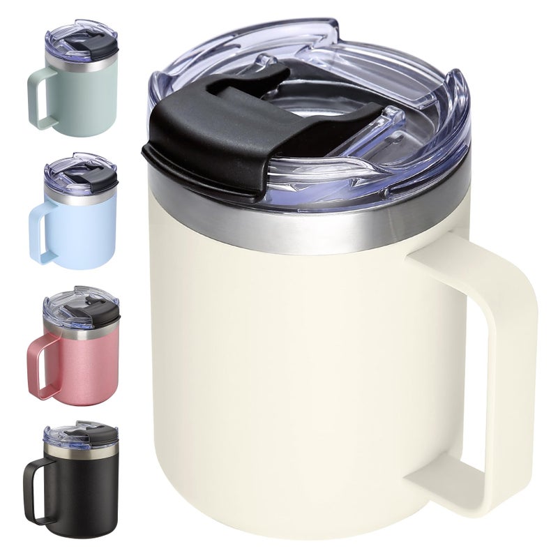 ALOUFEA 12oz Insulated Coffee Mug Cup with Handle  Stainless Steel Travel Coffee Mug with Flip Lid  Double Wall Vacuum Coffee Tumbler  Cream - Image 1