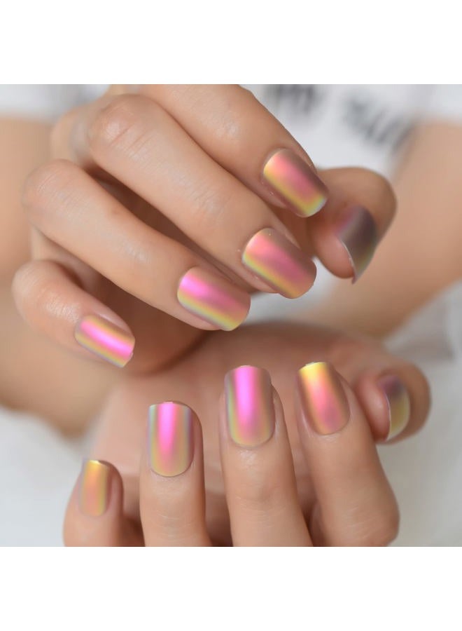 EchiQ Rainbow Chrome Fake Nails Short Squoval Glossy Gorgeous Press On Nails Full Cover Shiny Fingernail Tips 24 CT - Image 3