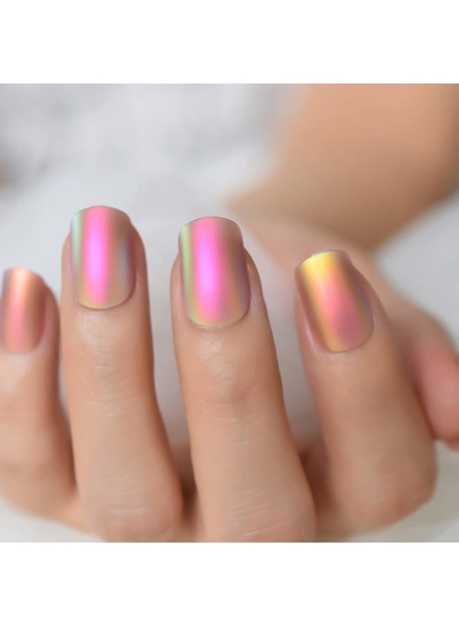 EchiQ Rainbow Chrome Fake Nails Short Squoval Glossy Gorgeous Press On Nails Full Cover Shiny Fingernail Tips 24 CT - Image 5
