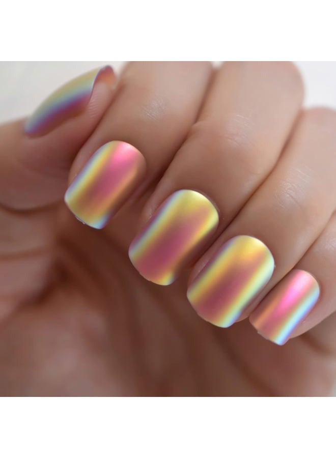 EchiQ Rainbow Chrome Fake Nails Short Squoval Glossy Gorgeous Press On Nails Full Cover Shiny Fingernail Tips 24 CT - Image 1