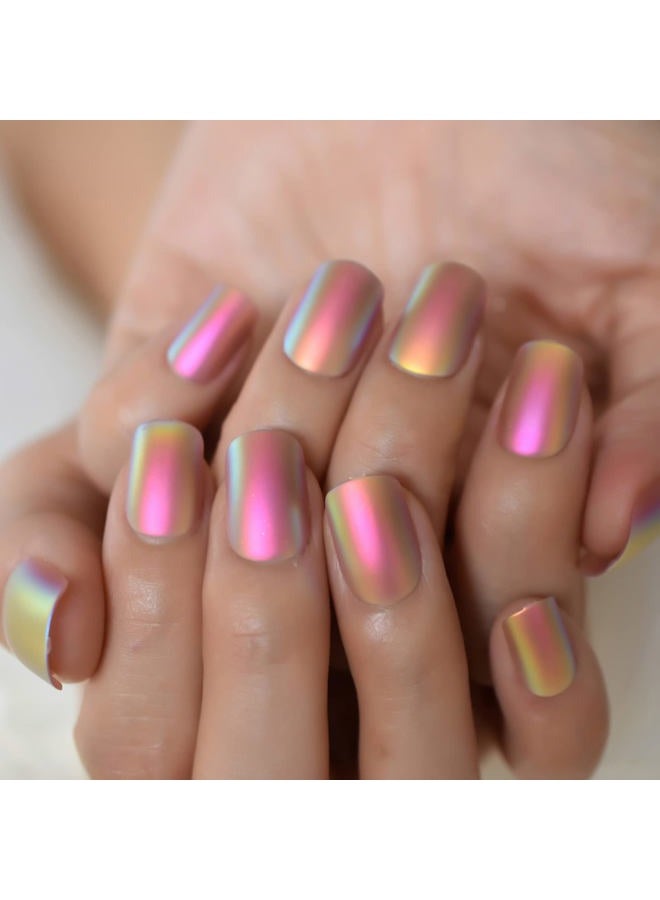 EchiQ Rainbow Chrome Fake Nails Short Squoval Glossy Gorgeous Press On Nails Full Cover Shiny Fingernail Tips 24 CT - Image 4